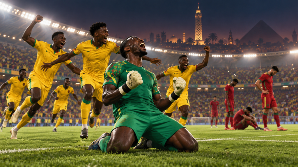 Gardien en vert et joueurs en jaune dans un stade, scène symbolique évoquant le parcours du Bénin à la CAN 2019.