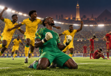 Gardien en vert et joueurs en jaune dans un stade, scène symbolique évoquant le parcours du Bénin à la CAN 2019.