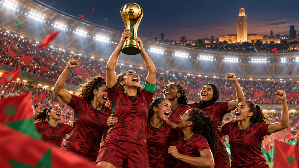 Joueuses en rouge levant un trophée dans un stade aux couleurs marocaines après un sacre continental.