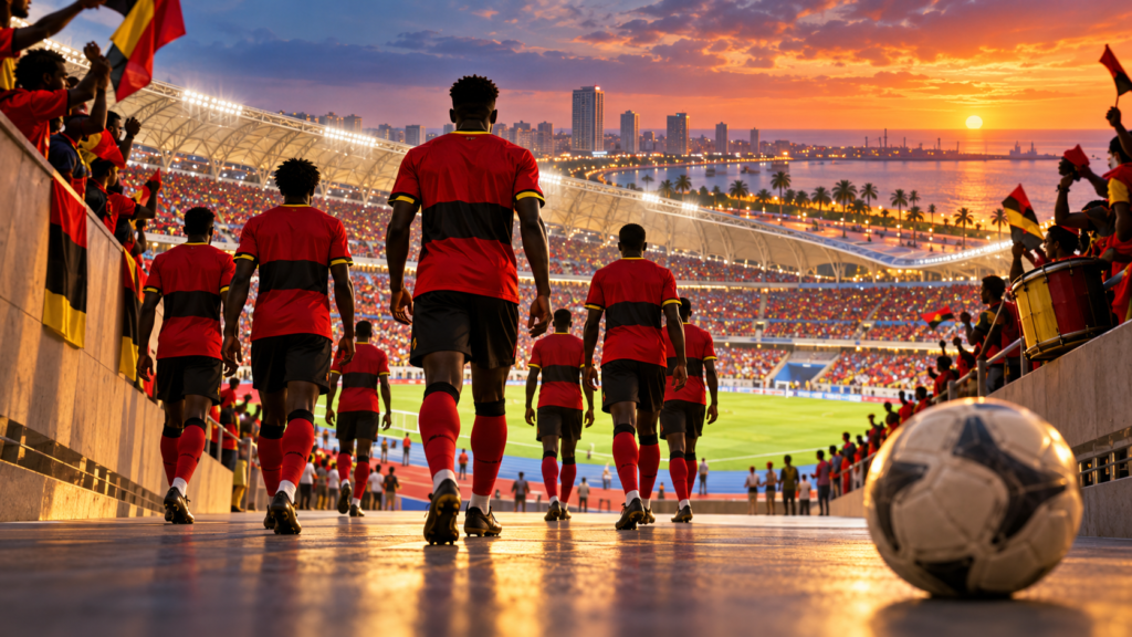 Joueurs en rouge et noir entrant sur le terrain dans un stade plein pour évoquer l’Angola à la CAN 2010.