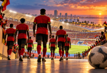 Joueurs en rouge et noir entrant sur le terrain dans un stade plein pour évoquer l’Angola à la CAN 2010.