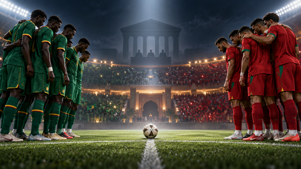 Deux équipes de football aux couleurs du Sénégal et du Maroc autour d’un ballon dans un stade, illustration symbolique.