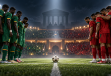 Deux équipes de football aux couleurs du Sénégal et du Maroc autour d’un ballon dans un stade, illustration symbolique.