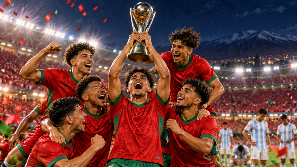 Jeunes footballeurs marocains génériques levant un trophée dans un stade illuminé, illustration du Mondial U20 2025.