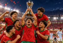 Jeunes footballeurs marocains génériques levant un trophée dans un stade illuminé, illustration du Mondial U20 2025.