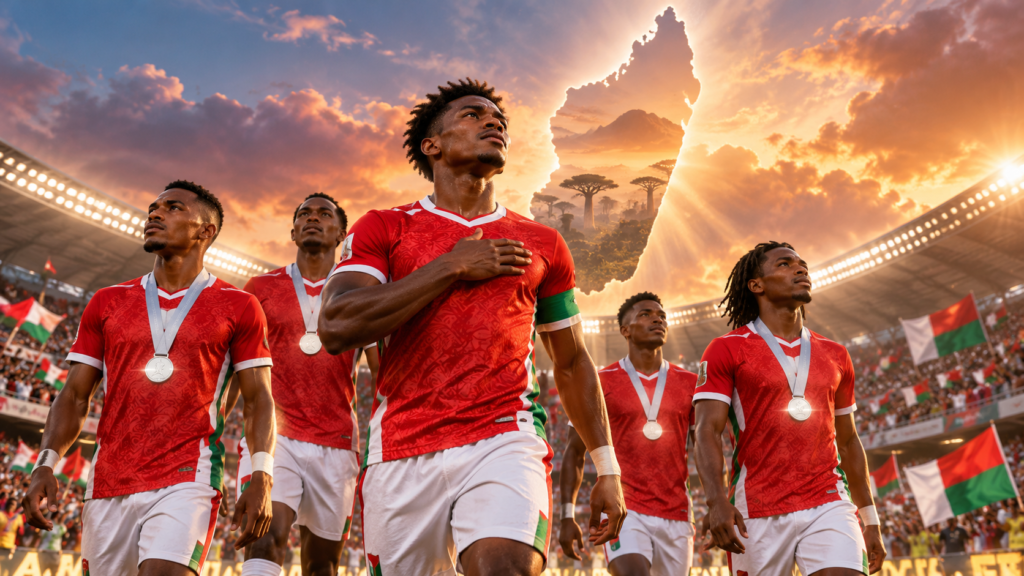 Illustration d’une équipe de football malgache entrant dans un stade sous les couleurs de Madagascar.