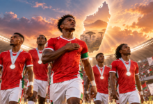 Illustration d’une équipe de football malgache entrant dans un stade sous les couleurs de Madagascar.