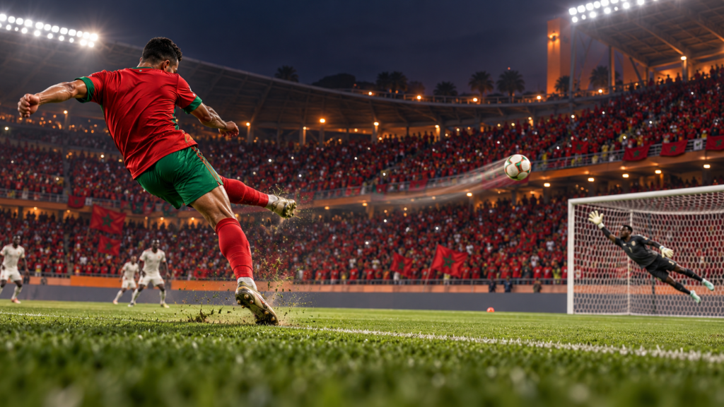 Illustration d’un attaquant marocain générique frappant de loin vers un but dans un stade.