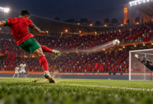 Illustration d’un attaquant marocain générique frappant de loin vers un but dans un stade.