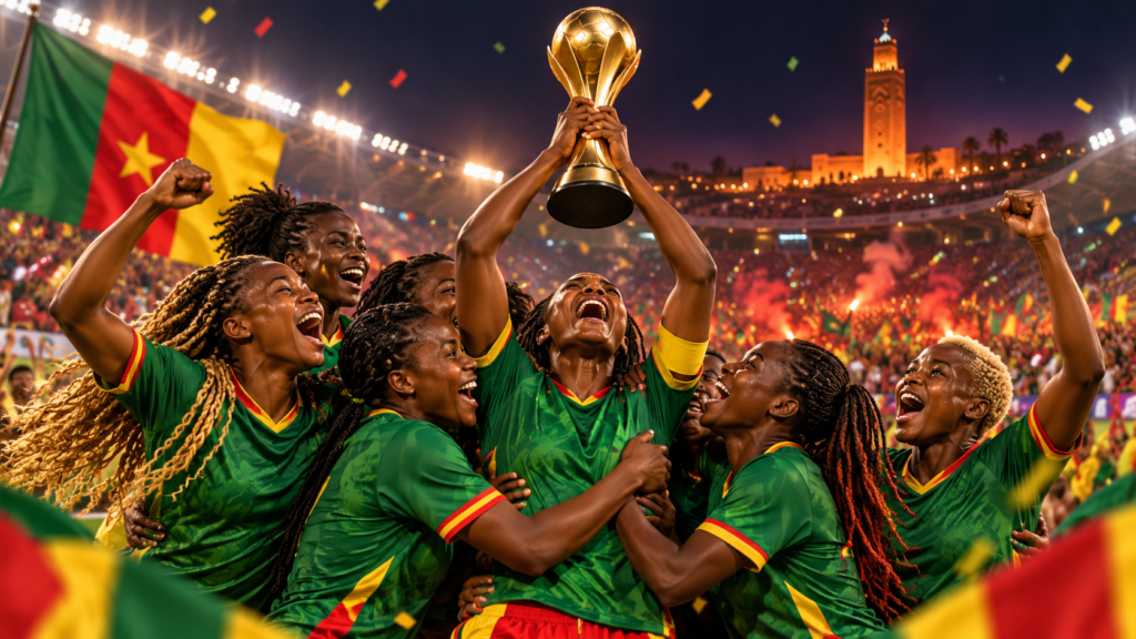 Illustration de footballeuses camerounaises génériques célébrant un trophée dans un stade.