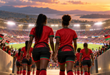 Joueuses du Malawi sur un terrain de football, illustration de leur parcours à la CAN féminine 2026.