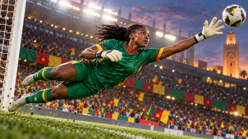 Gardienne camerounaise devant un but de football, illustration du parcours de Michaely Bihina.