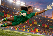 Gardienne camerounaise devant un but de football, illustration du parcours de Michaely Bihina.