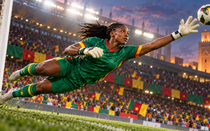 Gardienne camerounaise devant un but de football, illustration du parcours de Michaely Bihina.