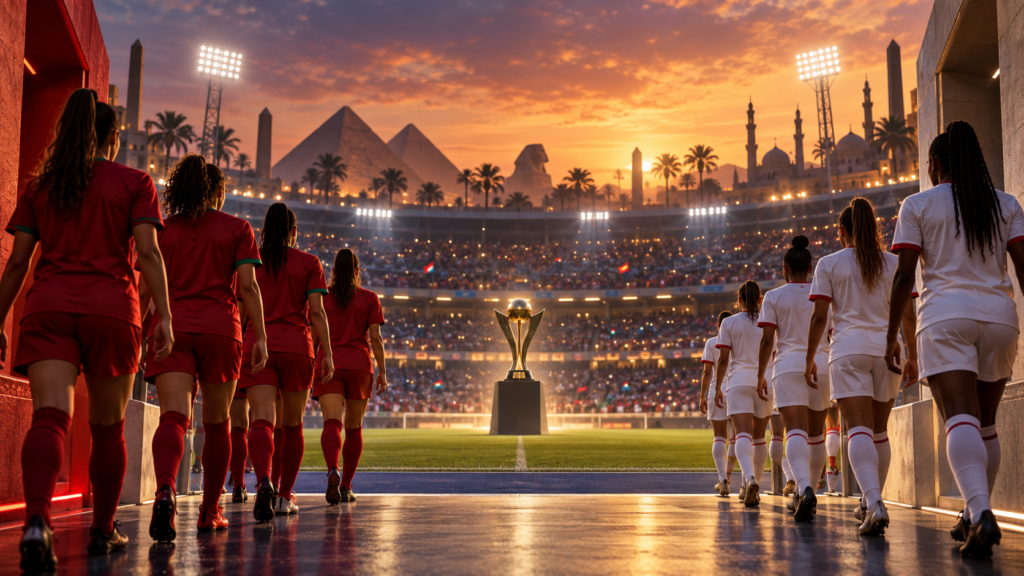 Deux équipes féminines de football se préparant à une compétition continentale en Égypte, illustration éditoriale.