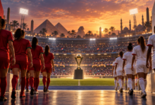Deux équipes féminines de football se préparant à une compétition continentale en Égypte, illustration éditoriale.