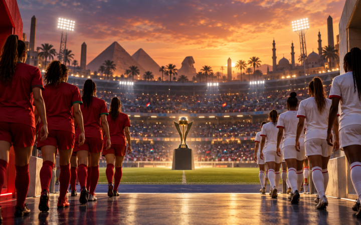 Deux équipes féminines de football se préparant à une compétition continentale en Égypte, illustration éditoriale.