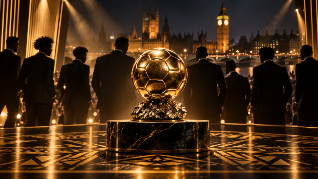 Trophée doré sur une scène de football sous les projecteurs, illustration de la cérémonie du Ballon d’Or 2026.