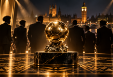Trophée doré sur une scène de football sous les projecteurs, illustration de la cérémonie du Ballon d’Or 2026.