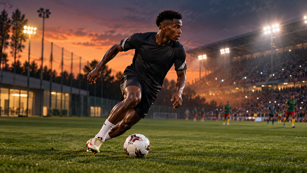 Illustration symbolique d’un attaquant camerounais formé en France, en course avec le ballon sous les projecteurs d’un stade.