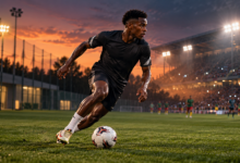 Illustration symbolique d’un attaquant camerounais formé en France, en course avec le ballon sous les projecteurs d’un stade.