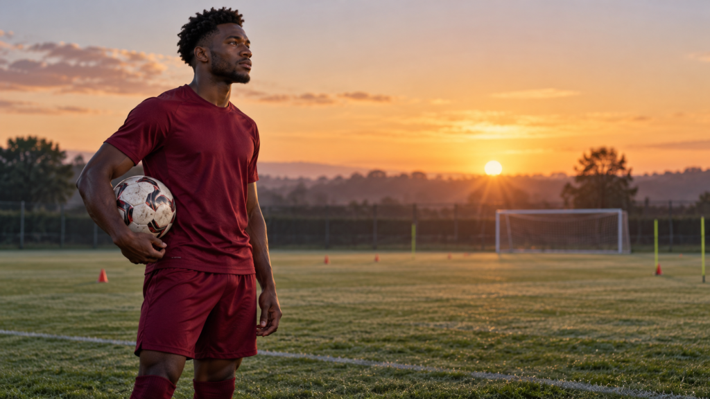 Illustration symbolique d’un jeune footballeur qui reprend l’entraînement sur un terrain après une période d’arrêt.