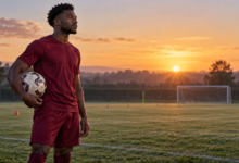 Illustration symbolique d’un jeune footballeur qui reprend l’entraînement sur un terrain après une période d’arrêt.