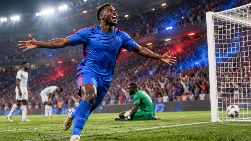 Illustration symbolique d’un attaquant congolais qui marque de la tête dans un stade illuminé.
