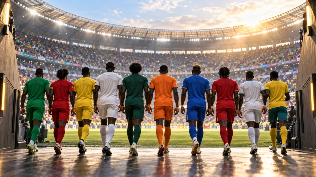 Illustration symbolique de plusieurs équipes africaines qui avancent ensemble sur un terrain de Coupe du monde.