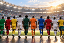 Illustration symbolique de plusieurs équipes africaines qui avancent ensemble sur un terrain de Coupe du monde.