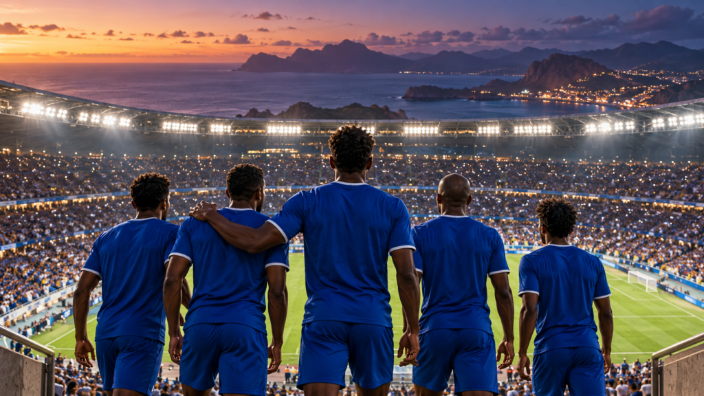 Illustration symbolique d’une équipe capverdienne en bleu qui entre sur une pelouse mondiale sous les lumières du stade.