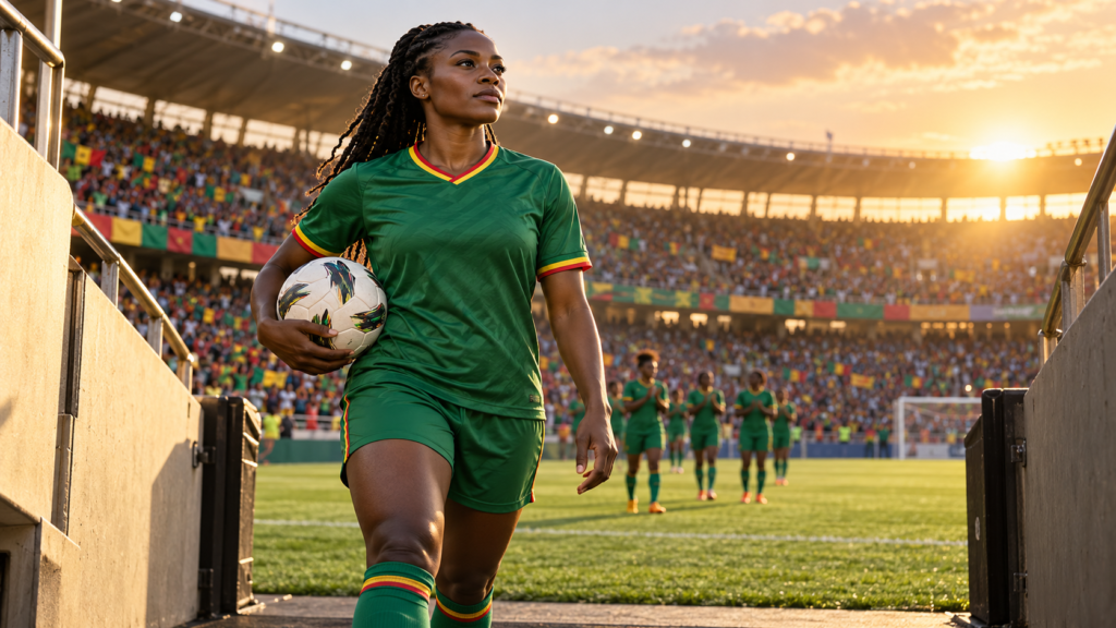 Illustration symbolique d’une attaquante camerounaise retrouvant son club dans un stade aux couleurs vert et rouge.