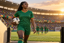 Illustration symbolique d’une attaquante camerounaise retrouvant son club dans un stade aux couleurs vert et rouge.