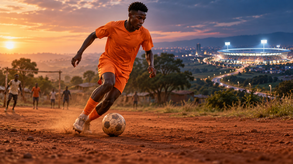 Illustration symbolique d’un ailier burkinabè qui quitte un terrain local pour courir vers un grand stade européen.