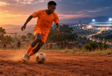 Illustration symbolique d’un ailier burkinabè qui quitte un terrain local pour courir vers un grand stade européen.