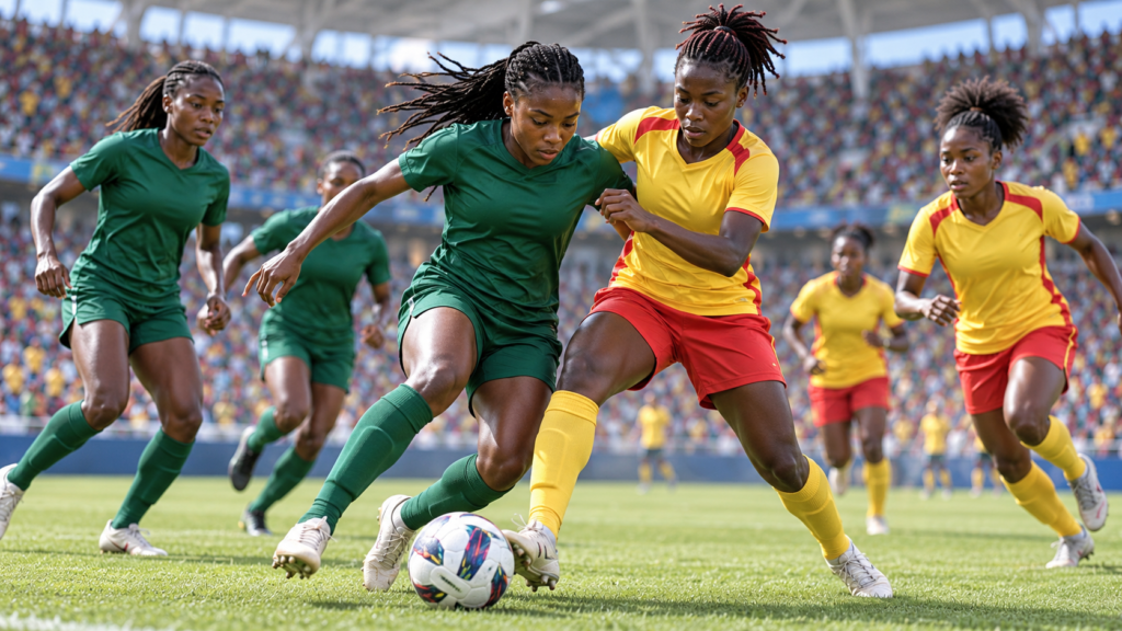 Illustration symbolique de deux équipes féminines africaines qui se préparent sur des terrains de tournoi international.