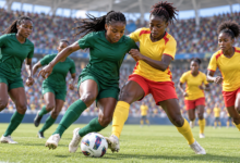 Illustration symbolique de deux équipes féminines africaines qui se préparent sur des terrains de tournoi international.