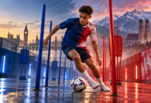 Illustration symbolique d’un milieu offensif aux racines nigérianes avançant balle au pied dans un stade européen.