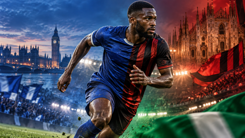 Illustration symbolique d’un défenseur central rapide dans un stade italien, avec des références discrètes à l’Angleterre et au Nigeria.