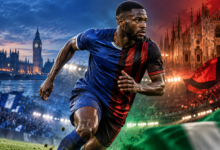 Illustration symbolique d’un défenseur central rapide dans un stade italien, avec des références discrètes à l’Angleterre et au Nigeria.