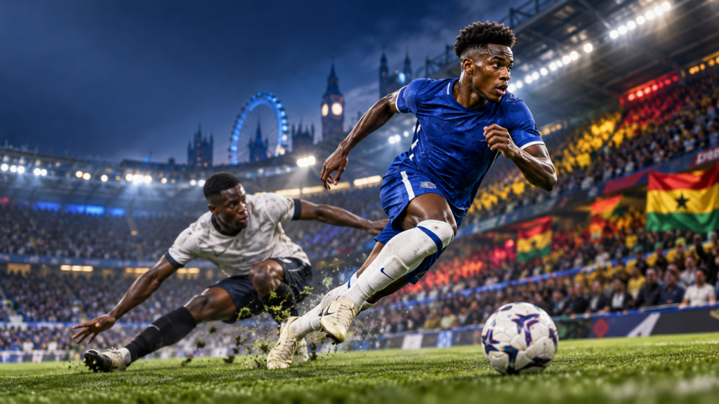 Illustration symbolique d’un ailier en course dans un stade anglais, avec des couleurs discrètes du Ghana.