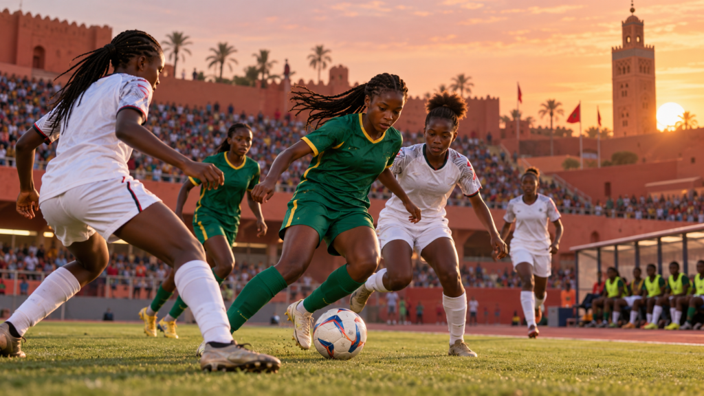 Jeunes footballeuses fictives disputant un match dans un stade marocain, illustration éditoriale