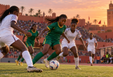 Jeunes footballeuses fictives disputant un match dans un stade marocain, illustration éditoriale