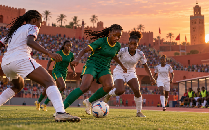 Jeunes footballeuses fictives disputant un match dans un stade marocain, illustration éditoriale