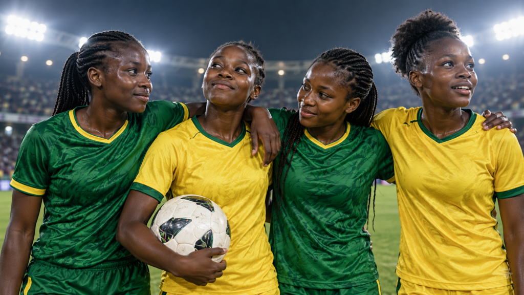 Quatre jeunes footballeuses fictives célébrant ensemble une performance dans un stade, illustration éditoriale