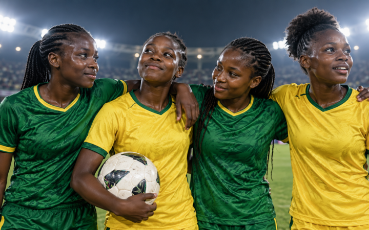 Quatre jeunes footballeuses fictives célébrant ensemble une performance dans un stade, illustration éditoriale