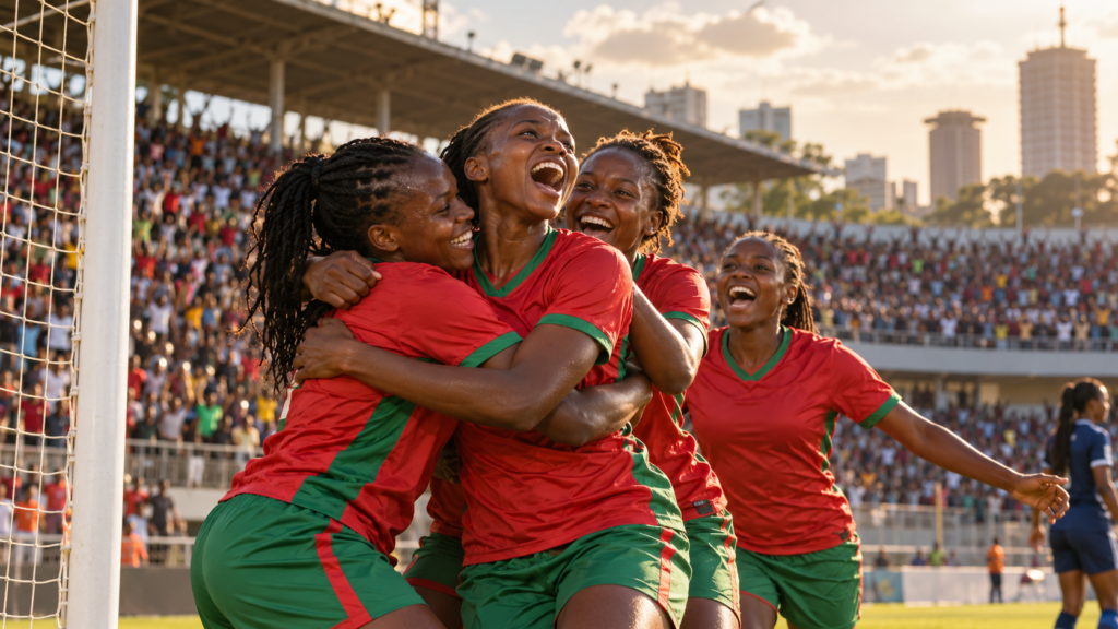 Joueuses fictives du Kenya célébrant un but dans un stade, illustration éditoriale