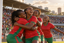 Joueuses fictives du Kenya célébrant un but dans un stade, illustration éditoriale