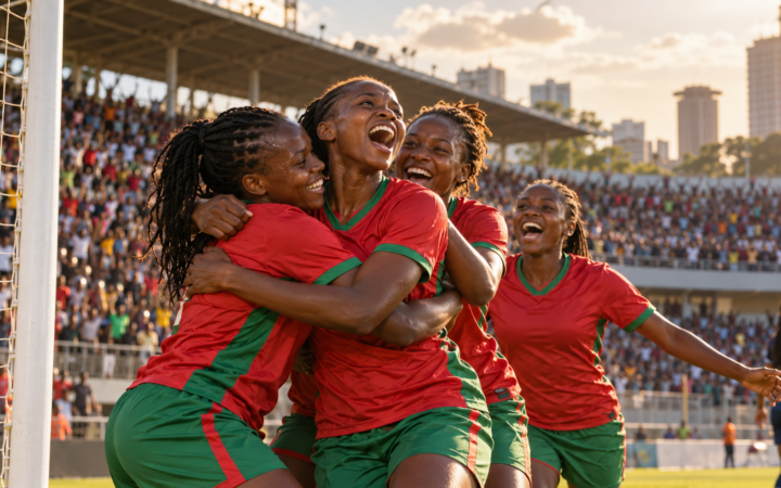 Joueuses fictives du Kenya célébrant un but dans un stade, illustration éditoriale